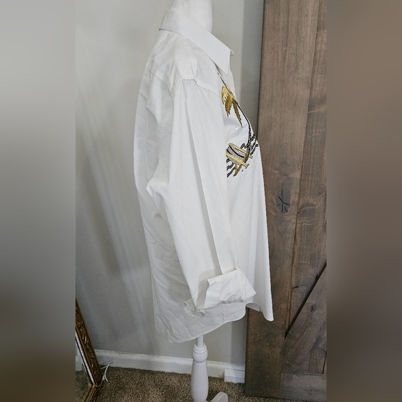 Vintage LAS OLAS Embroidered Button Down Shirt with Tropical Print White/gold. S - Picture 11 of 14